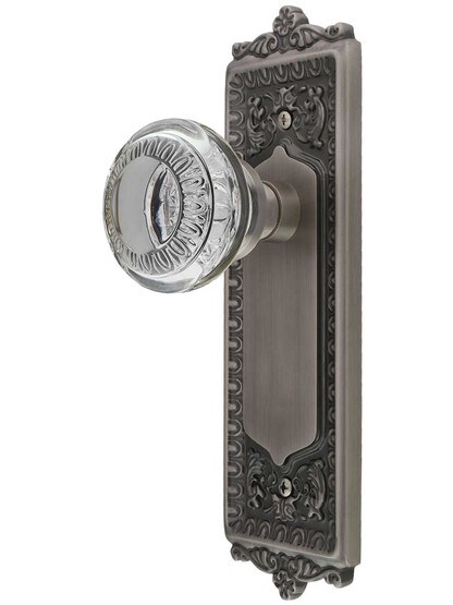 Egg and Dart Style Door Set with Ovolo Crystal-Glass Knobs in Antique Pewter.